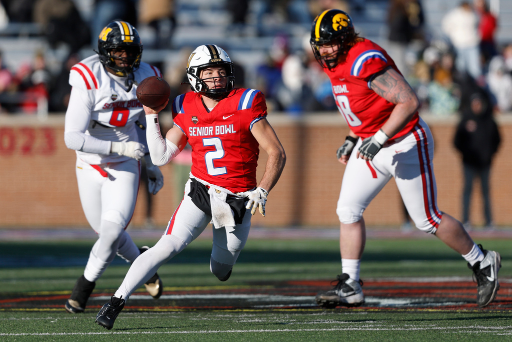 National Team quarterback Diego Pavia (2), of Vanderbilt, carries the ball during the second half of the Senior Bowl NCAA college football game Saturday, Jan. 31, 2026, in Mobile, Ala. (AP Photo/Butch Dill)