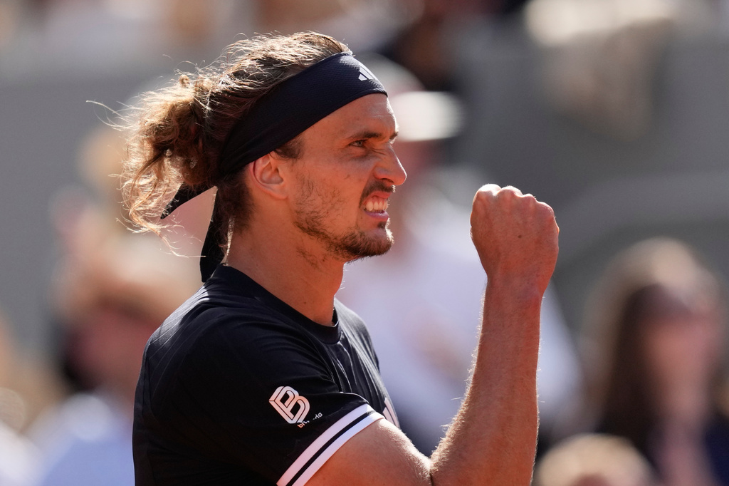 Alexander Zverev of Germany reacts as he plays against Flavio Cobolli of Italy during their men's final match at the French Open tennis tournament in Paris, Sunday, June 7, 2026. (AP Photo/Christophe Ena)
