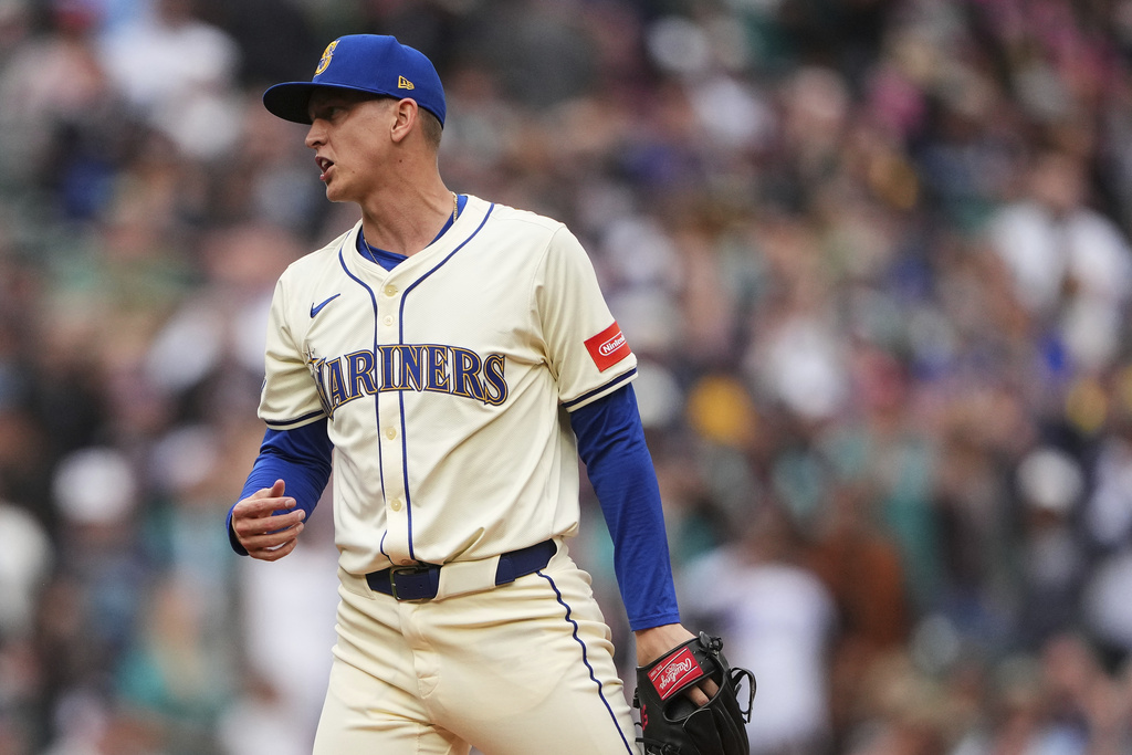 Seattle Mariners relief pitcher Casey Legumina reacts to a win over the Los Angeles Angels in a baseball game Sunday, Sept. 14, 2025, in Seattle. (AP Photo/Lindsey Wasson)