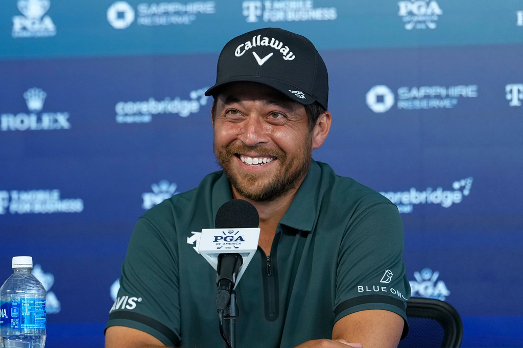 Xander Schauffele speaks to the media after a PGA Championship golf tournament practice round at Aronimink Golf Club, Tuesday, May 12, 2026, in Newtown Square, PA. (AP Photo/Frank Franklin II)
