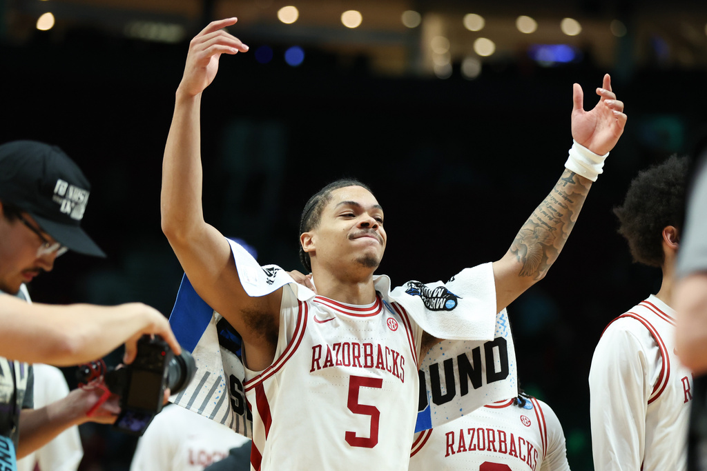 Arkansas guard Darius Acuff Jr. (5) reacts after the second round of the NCAA college basketball tournament against High Point, Saturday, March 21, 2026, in Portland, Ore. (AP Photo/Amanda Loman)