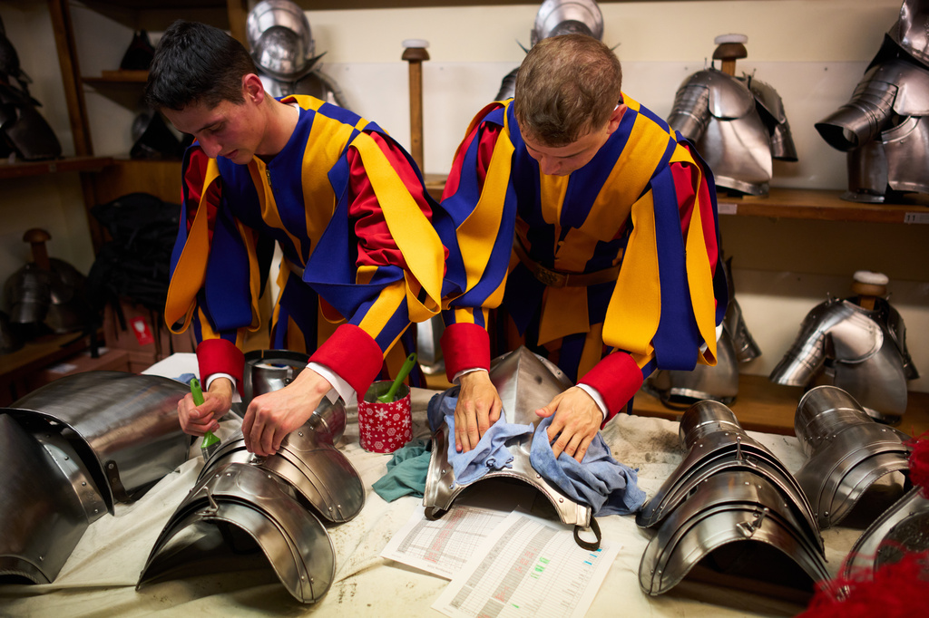Pontifical Swiss Guards prepare ahead of their swearing in ceremony, at the Vatican, Wednesday, May 6, 2026. (AP Photo/Andrew Medichini)