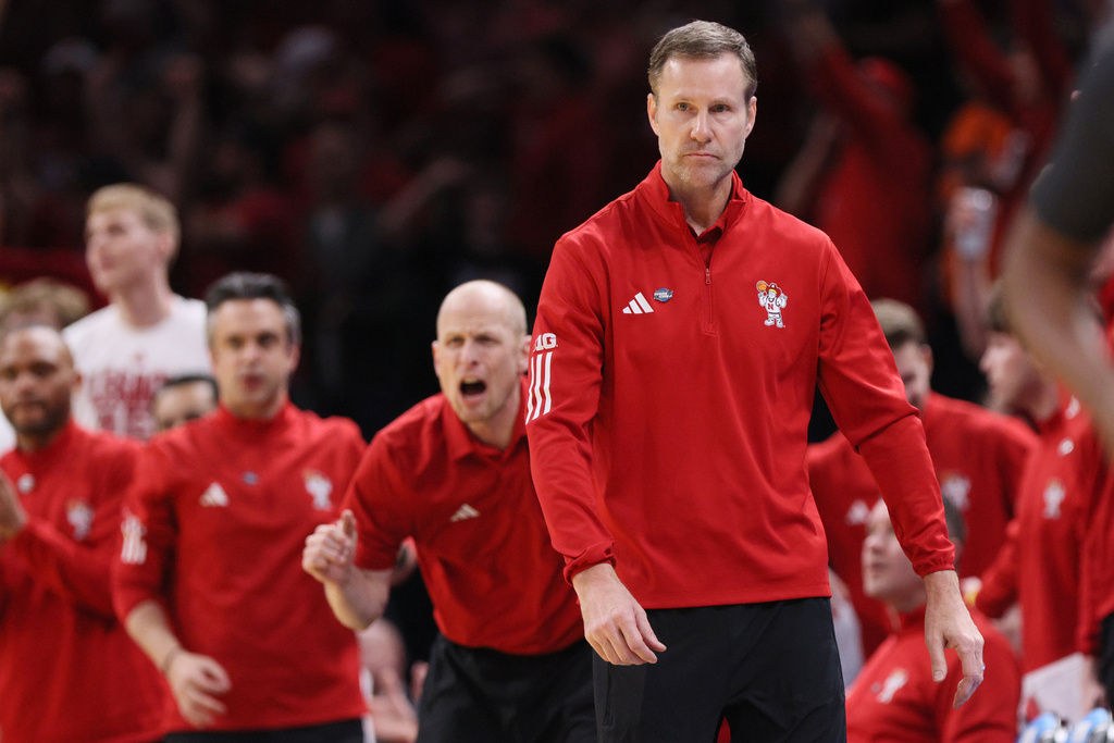 Nebraska head coach Fred Hoiberg, front right, watches the second half against Troy in the first round of the NCAA college basketball tournament, Thursday, March 19, 2026, in Oklahoma City. (AP Photo/Nate Billings)