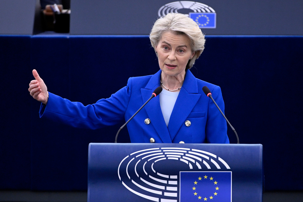 European Commission president Ursula von der Leyen delivers her statement on EU response to recent Russian violations of the EU Member States' airspace and critical infrastructure, Wednesday, Oct. 8, 2025 at the European Parliament in Strasbourg, eastern France. (AP Photo/Pascal Bastien)