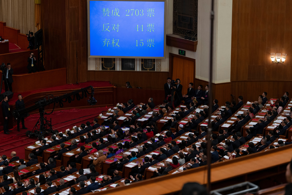 A screen displays the results of voting during the closing session of the National People's Congress (NPC) at the Great Hall of the People in Beijing, Thursday, March 12, 2026. (AP Photo/Ng Han Guan)