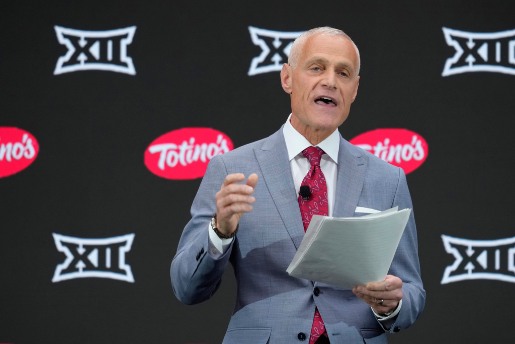 FILE - Big 12 Commissioner Brett Yormark speaks during the Big 12 NCAA college football media days in Las Vegas, July 9, 2024. (AP Photo/Lucas Peltier, File)
