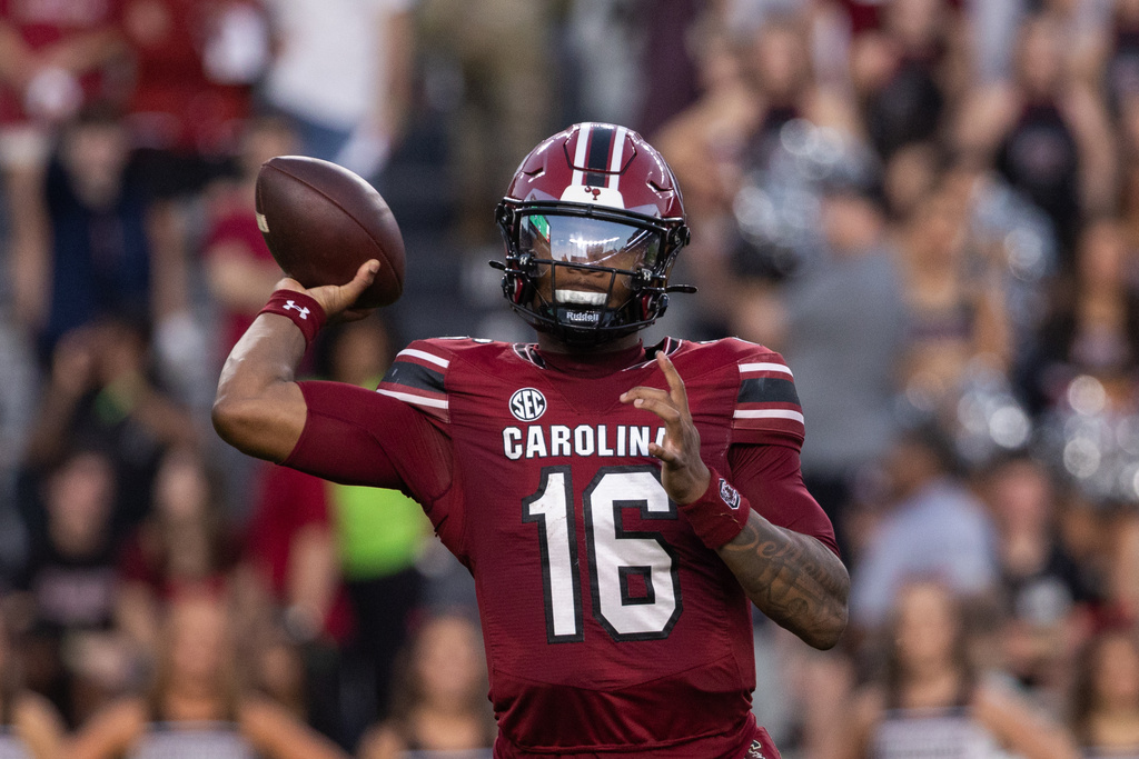 South Carolina quarterback Lanorris Sellers (16) throws against the Coastal Carolina during the first half of an NCAA college football game, Saturday, Nov. 22, 2025, in Columbia, S.C. (AP Photo/Scott Kinser)