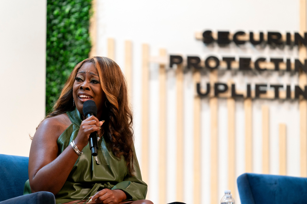 FILE - LaTosha Brown, co-founder of the Black Voters Matter Fund, speaks on a panel about threats to democracy at the Congressional Black Caucus Foundation's annual legislative conference, Sept. 21, 2023, in Washington. (AP Photo/Stephanie Scarbrough, File)