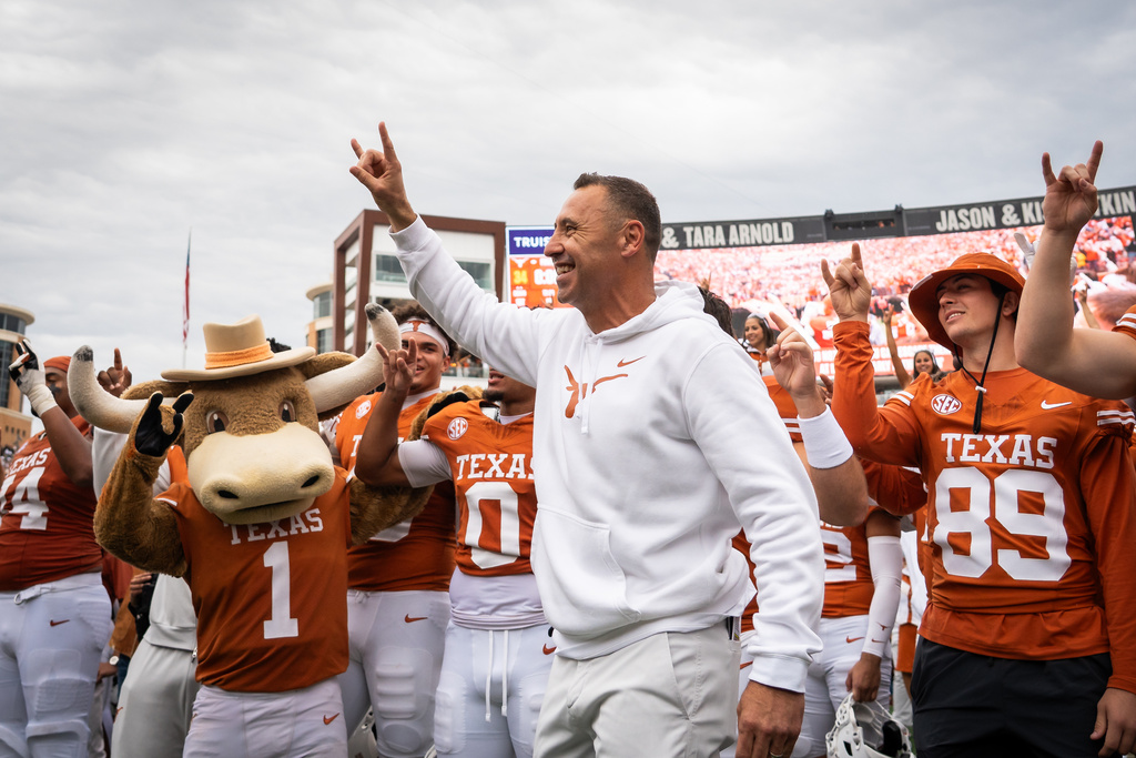 Texas Longhorns head coach Steve Sarkisian celebrates the team's win over Vanderbilt during an NCAA college football game in Austin, Texas, Saturday, Nov. 1, 2025. (Sara Diggins/Austin American-Statesman via AP)
