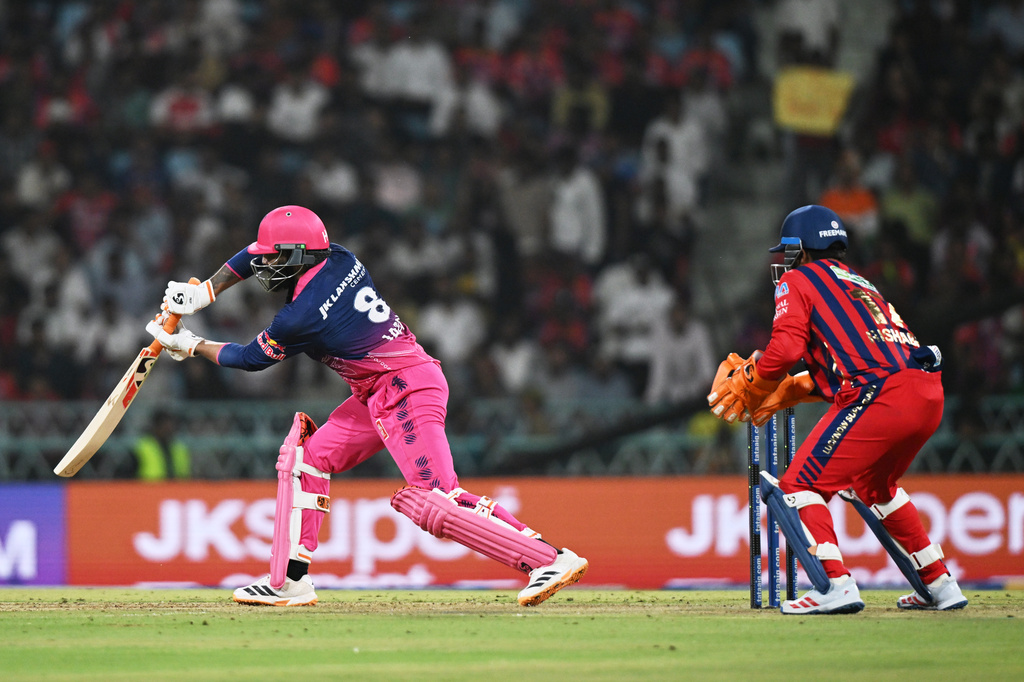 Rajasthan Royals' Ravindra Jadeja bats during the Indian Premier League cricket match between Lucknow Super Giants and Rajasthan Royals in Lucknow, India, Wednesday, April 22, 2026. (AP Photo)
