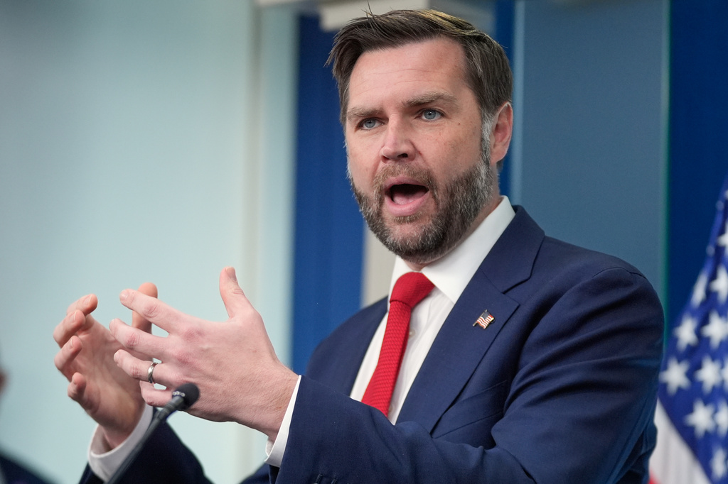 Vice President JD Vance speaks to reporters in the James S. Brady Press Briefing Room at the White House, Thursday, June 18, 2026, in Washington. (AP Photo/Manuel Balce Ceneta)