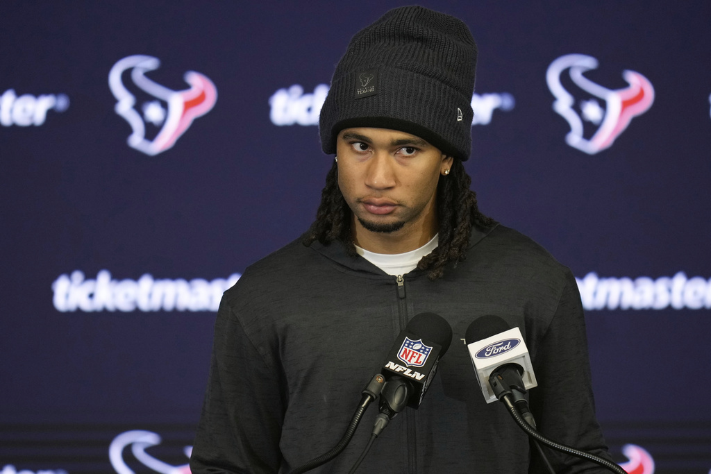 Houston Texans quarterback C.J. Stroud responds to questions during a news conference after the team's NFL football game against the Tampa Bay Buccaneers Monday, Sept. 15, 2025, in Houston, Texas. (AP Photo/Eric Gay)