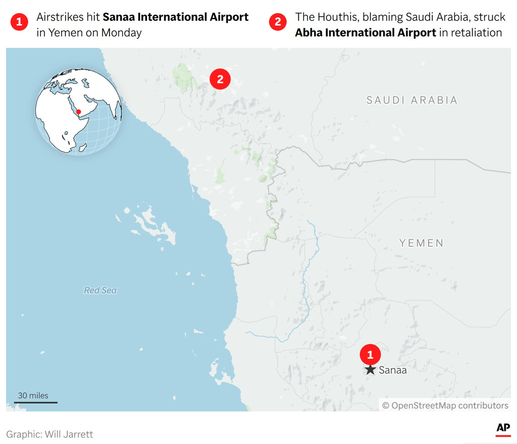 Map showing the location of Sanaa International Airport in Yemen and Abha International Airport in Saudi Arabia. (AP Digital Embed)