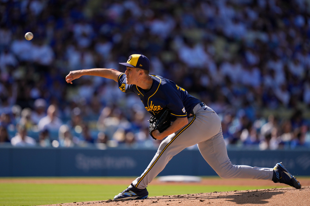 Milwaukee Brewers starting pitcher Jacob Misiorowski throws to the plate during the first inning of a baseball game against the Los Angeles Dodgers, Saturday, Aug. 15, 2026, in Los Angeles. (AP Photo/Mark J. Terrill)
