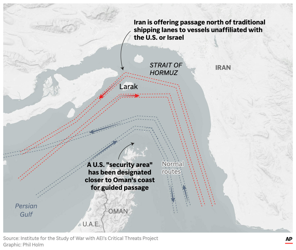 The image above shows the Strait of Hormuz and its traditional shipping routes and northern routes that Iran has opened to vessels unaffiliated with the U.S. or Israel. (AP Digital Embed)