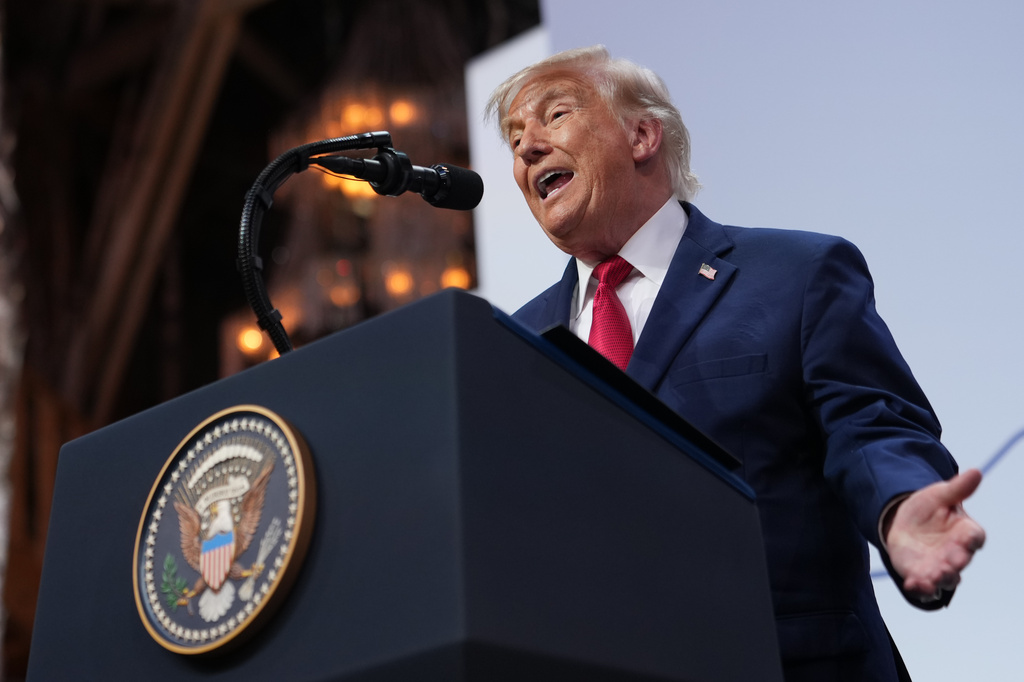 U.S. President Donald Trump speaks during a news conference at the G7 summit, Wednesday, June 17, 2026, in Evian-les-Bains, France. (AP Photo/Julia Demaree Nikhinson)