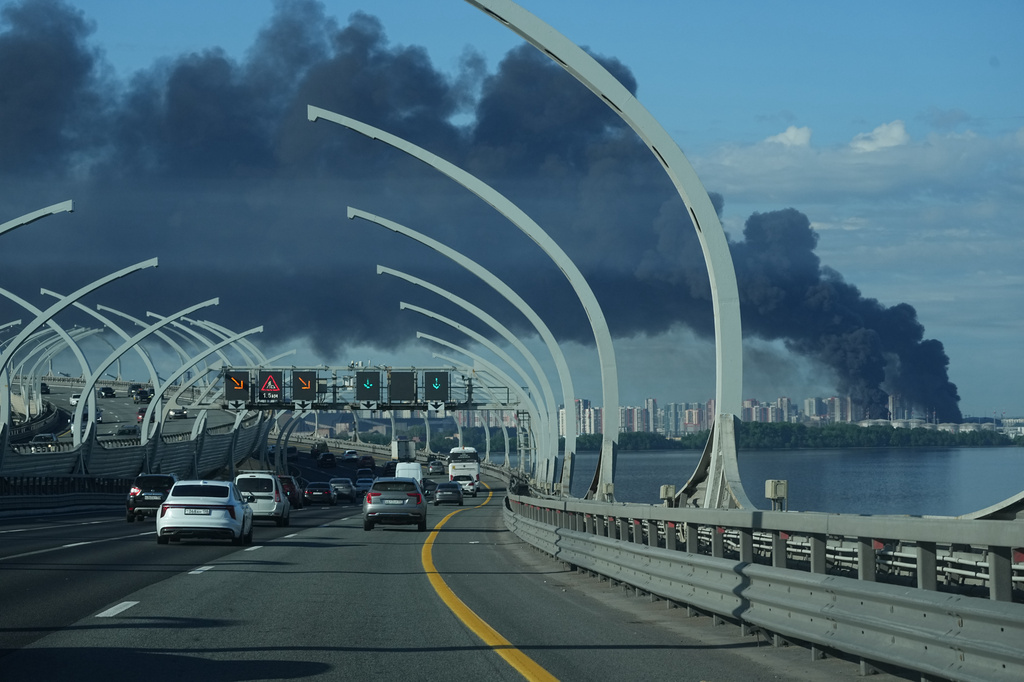 FILE - A plume of black smoke is seen over St. Petersburg, Russia, Wednesday, June 3, 2026, after a Ukrainian drone attack. (AP Photo, File)