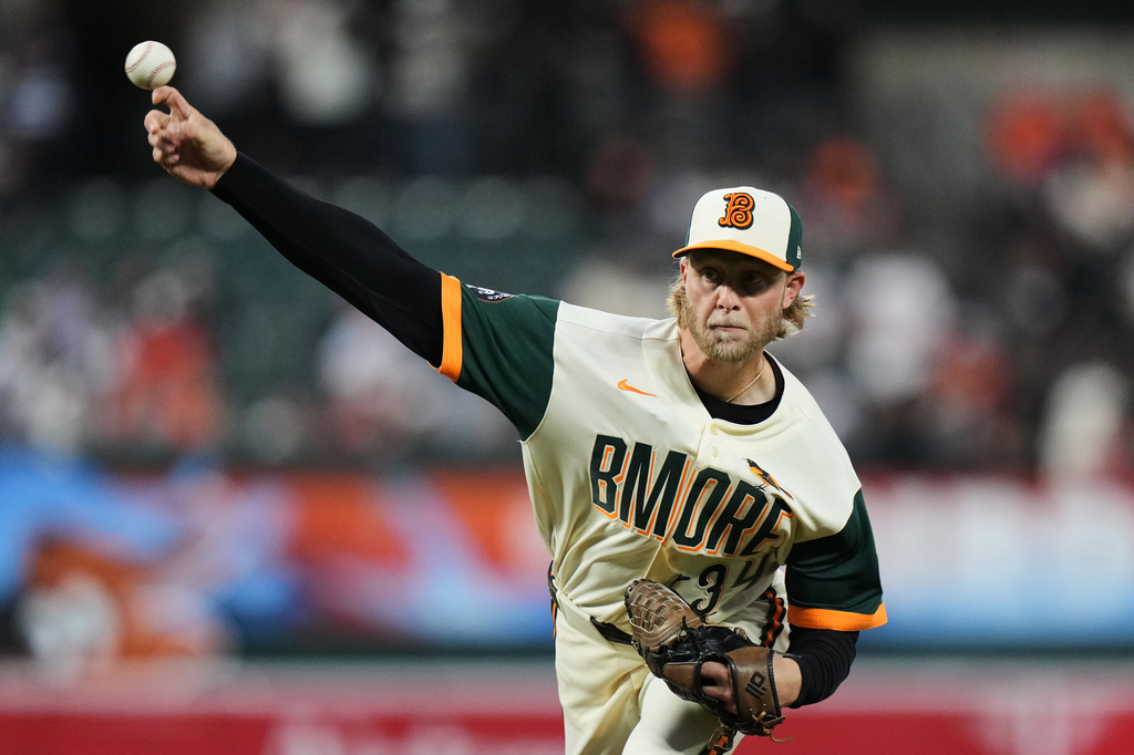 Baltimore Orioles starting pitcher Shane Baz delivers during the second inning of a baseball game against the San Francisco Giants, Friday, April 10, 2026, in Baltimore. (AP Photo/Stephanie Scarbrough)