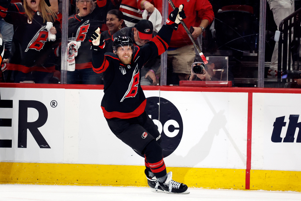 Carolina Hurricanes' Nikolaj Ehlers (27) celebrates his goal during the first period in Game 1 of the NHL hockey Stanley Cup Final series against the Vegas Golden Knights in Raleigh, N.C., Tuesday, June 2, 2026. (AP Photo/Karl DeBlaker)