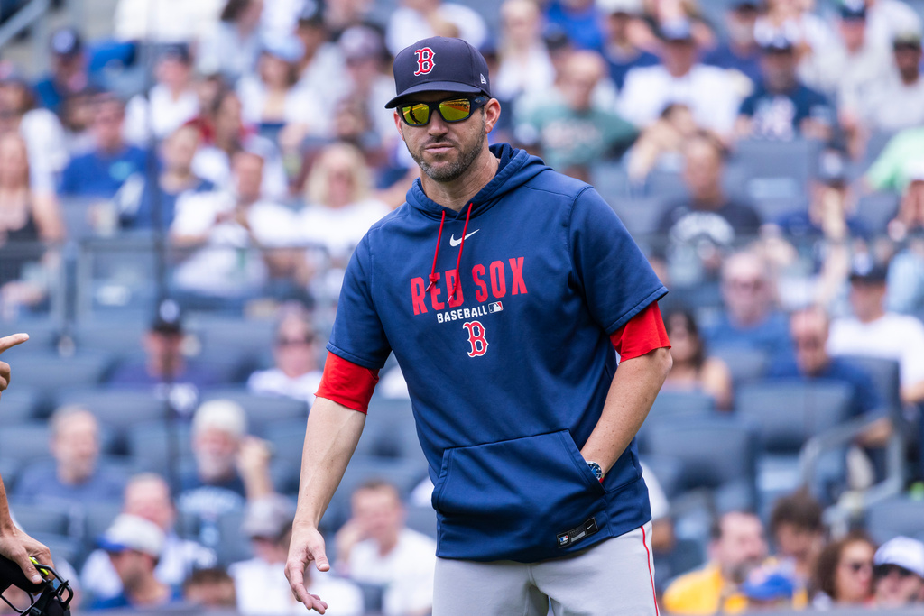 Boston Red Sox manager Chad Tracy looks on in the first inning during a baseball game against the Boston Red Sox, Sunday, Aug. 30, 2026, in New York. (AP Photo/Corey Sipkin)