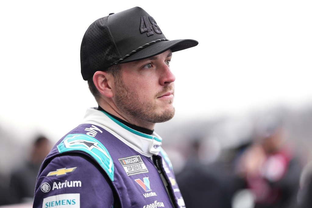 FILE - Alex Bowman looks on prior to NASCAR's The Clash preseason auto race, Feb. 4, 2026, in Winston-Salem, N.C. (AP Photo/Matt Kelley, File)