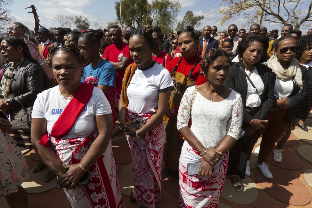 Relatives participate in the official ceremony Tuesday, Sept. 2, 2025, in Antananarivo, Madagascar, marking the return of the three Sakalava skulls from France where they had been kept for 128 years. (AP Photo/Alexander Joe)