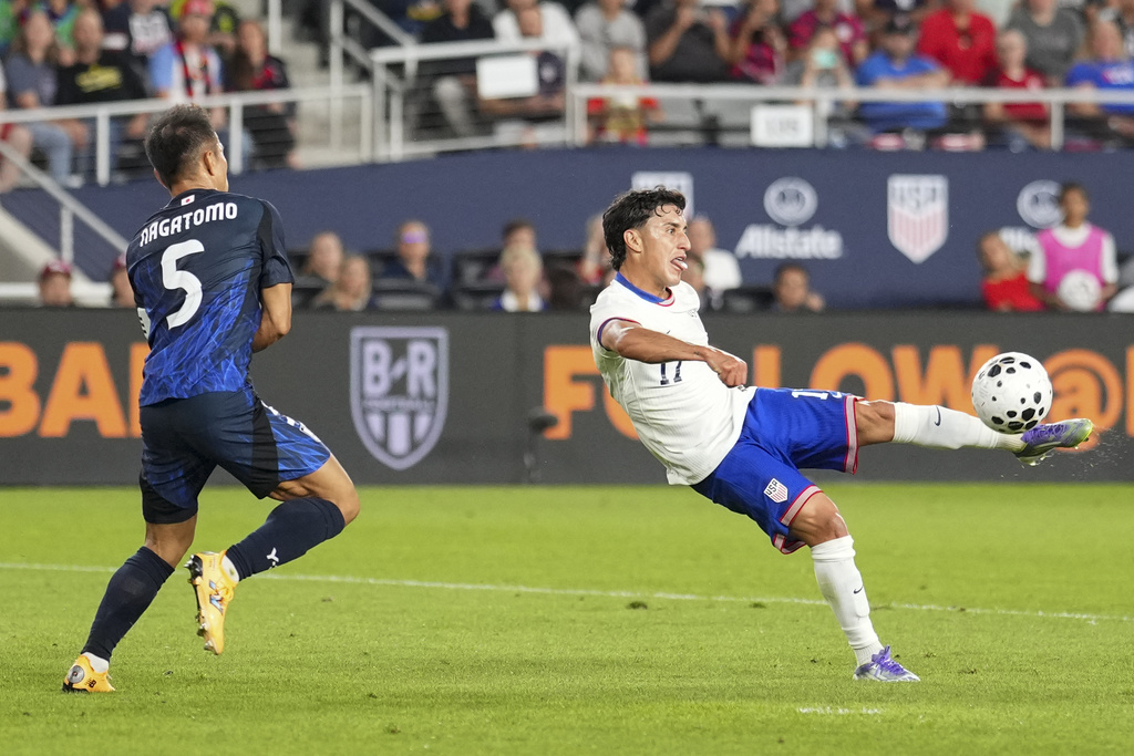 United States' Alejandro Zendejas (17) shoots and scores during the first half of a friendly soccer match against Japan, Tuesday, Sept. 9, 2025, in Columbus, Ohio. (AP Photo/Jeff Dean)