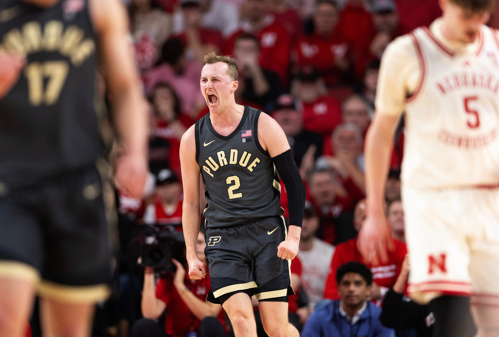 Purdue's Fletcher Loyer (2) celebrates after scoring against Nebraska during the first half of an NCAA college basketball game, Tuesday, Feb. 10, 2026, in Lincoln, Neb. (AP Photo/Rebecca S. Gratz)