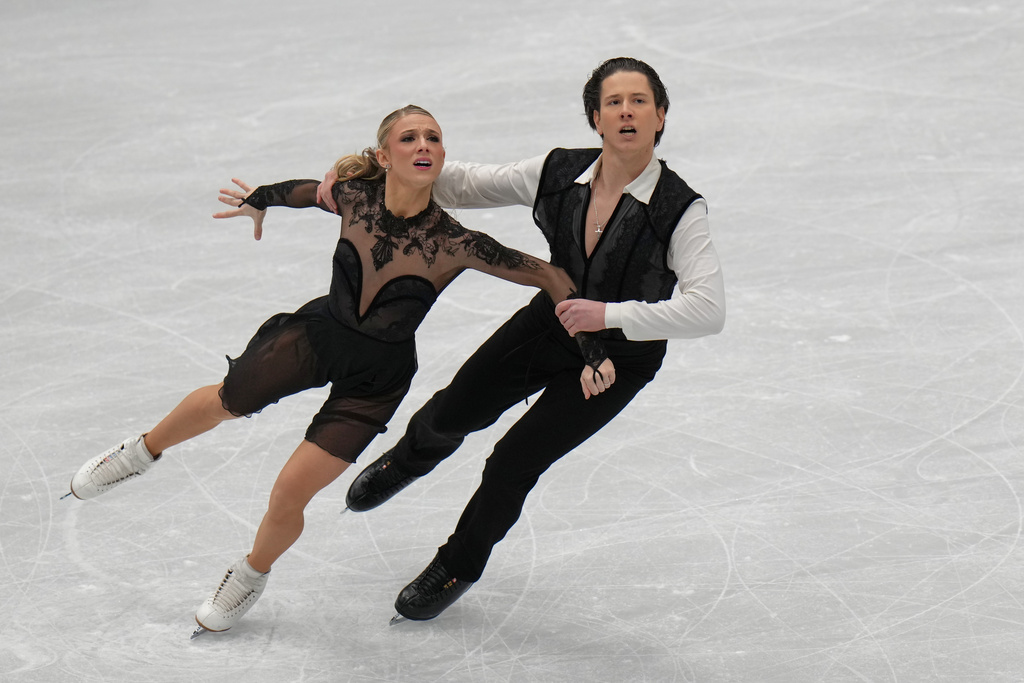 Emilea Zingas and Vadym Kolesnik of the United States compete during the Ice Dance Free Dance in the ISU Four Continents Figure Skating Championships, in Beijing, China, Friday, Jan. 23, 2026. (AP Photo/Andy Wong)