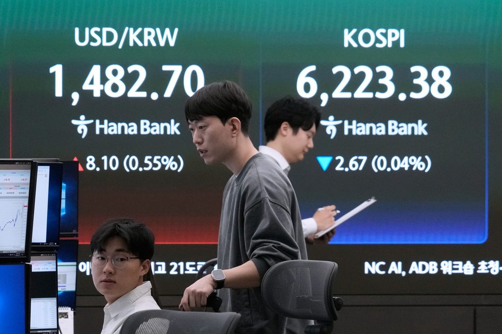 Currency traders work near a screen showing the Korea Composite Stock Price Index (KOSPI), right, and the foreign exchange rate between U.S. dollar and South Korean won at the foreign exchange dealing room of the Hana Bank headquarters, in Seoul, South Korea, Friday, April 17, 2026. (AP Photo/Ahn Young-joon)