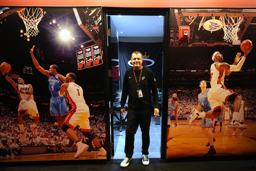 Rob Pimental, Miami Heat's director of team operations, walks out of his office following an NBA basketball game between the Miami Heat and the Atlanta Hawks, Sunday, April 12, 2026, in Miami. (AP Photo/Rebecca Blackwell)