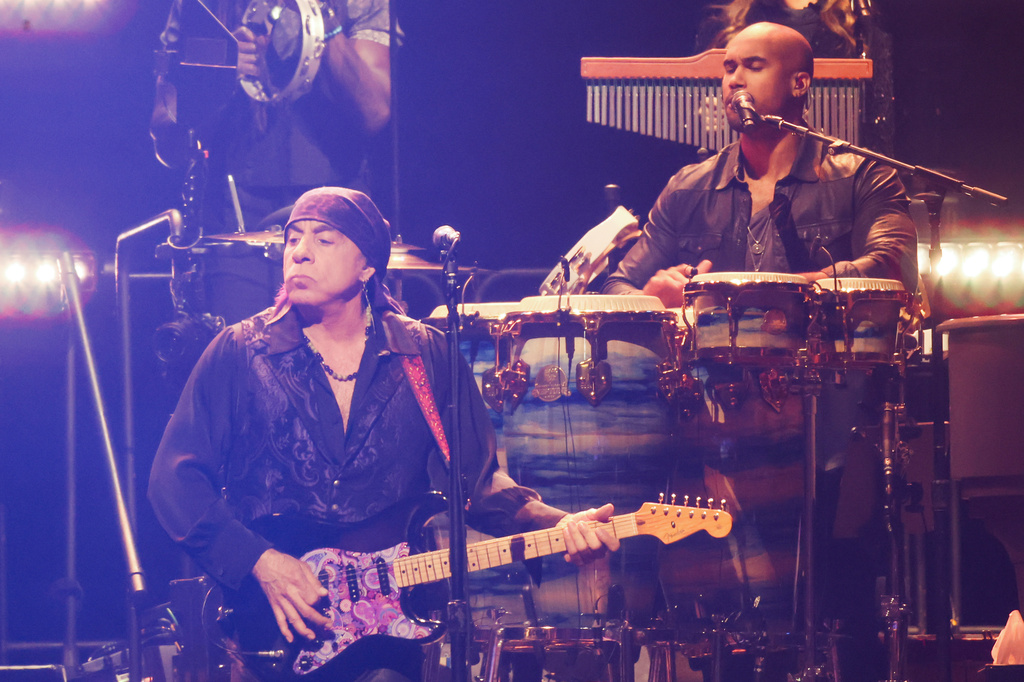 Stevie Van Zandt, left, and Anthony Almonte of Bruce Springsteen and the E Street Band perform on opening night of the "Land of Hope And Dreams" tour at Target Center in Minneapolis. (AP Photo/Ellen Schmidt)