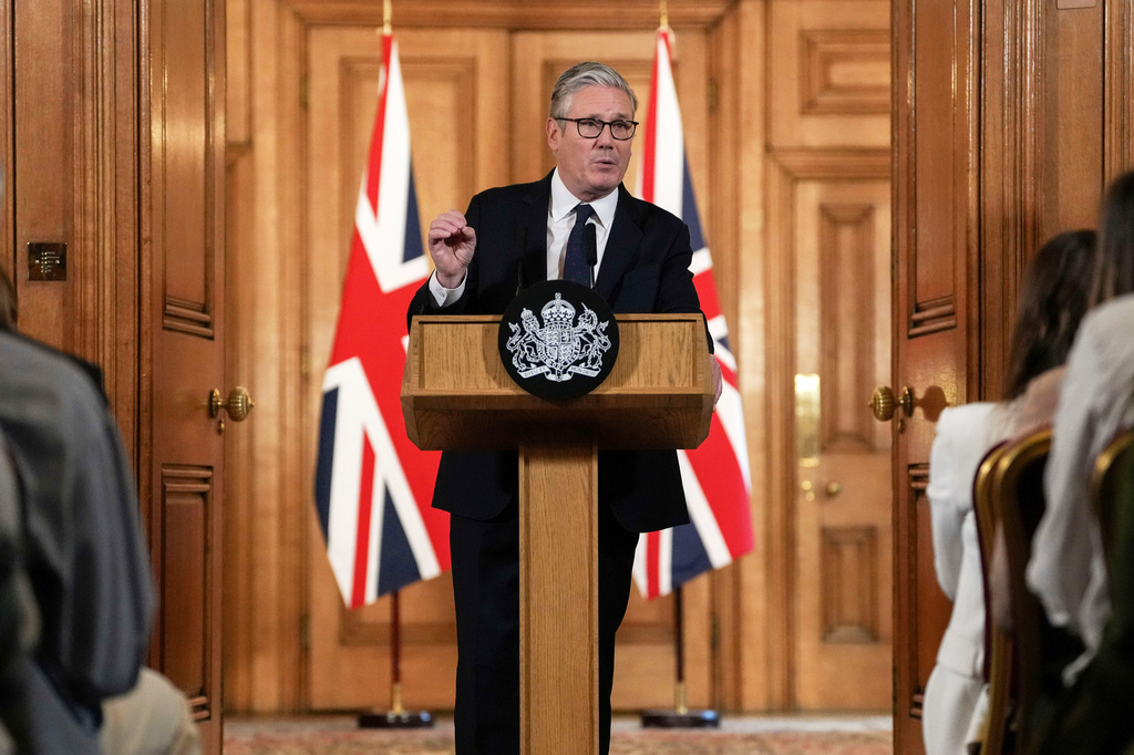 Britain's Prime Minister Keir Starmer attends a press conference to announce government action to protect children online, at Downing Street in central London, Monday, June 15, 2026. (Carlos Jasso/ Pool Photo via AP)