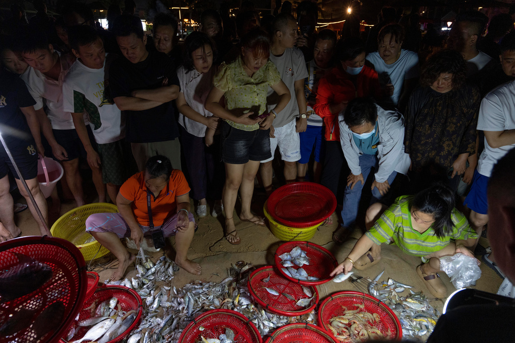 FILE - Locals and tourists gather to look at a fishers' catch on a beach in Rongshanliao village on southern China's Hainan province, Aug. 23, 2026. (AP Photo/Ng Han Guan, File)