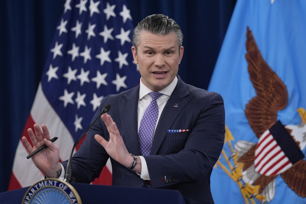 Defense Secretary Pete Hegseth speaks to members of the media during a press briefing at the Pentagon in Washington, Tuesday, March 31, 2026. (AP Photo/Manuel Balce Ceneta)