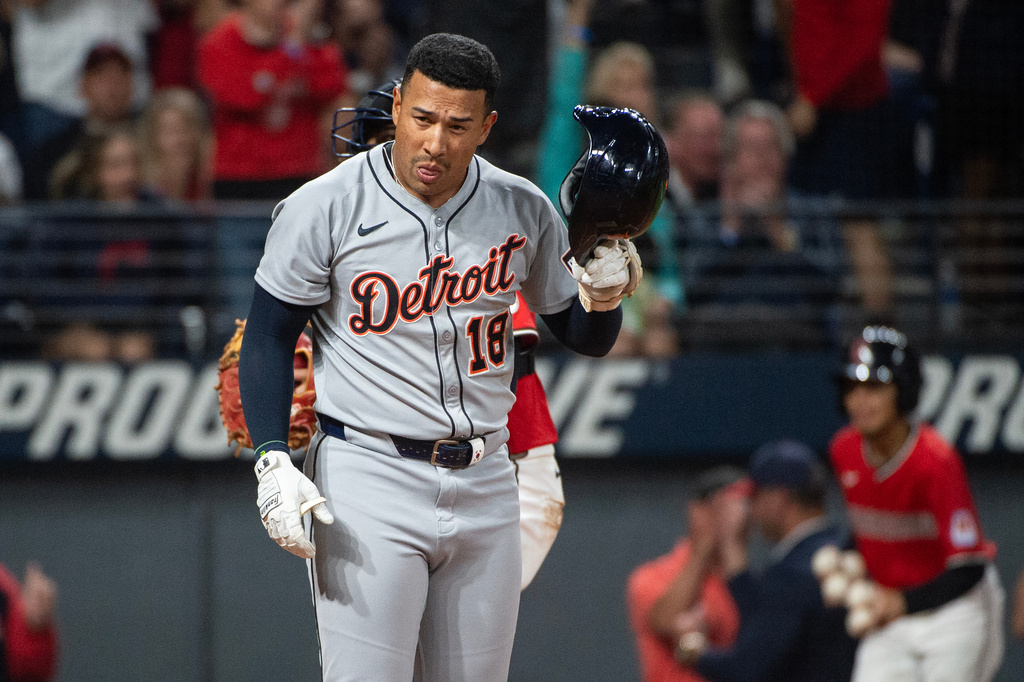 Detroit Tigers' Jahmai Jones reacts after a strike out by Cleveland Guardians starting pitcher Hunter Gaddis during the seventh inning of a baseball game, Wednesday, Sept. 24, 2025, in Cleveland. (AP Photo/Phil Long)