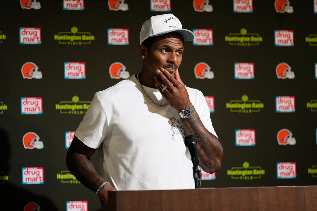 Cleveland Browns quarterback Deshaun Watson speaks at a press conference after an NFL preseason football game against the Buffalo Bills, Saturday, Aug. 22, 2026, in Cleveland. (AP Photo/Carolyn Kaster)