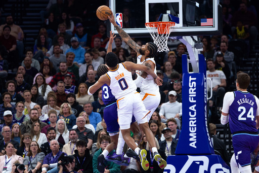 Phoenix Suns center Nick Richards, center right, blocks a shot by Utah Jazz guard Keynote George (3) during the first half of an NBA basketball game, Monday, Oct. 27, 2025, in Salt Lake City. (AP Photo/Anna Fuder) Phoenix Suns center Nick Richards, center right, blocks a shot by Utah Jazz guard Keynote George (3) during the first half of an NBA basketball game, Monday, Oct. 27, 2025, in Salt Lake City. (AP Photo/Anna Fuder)