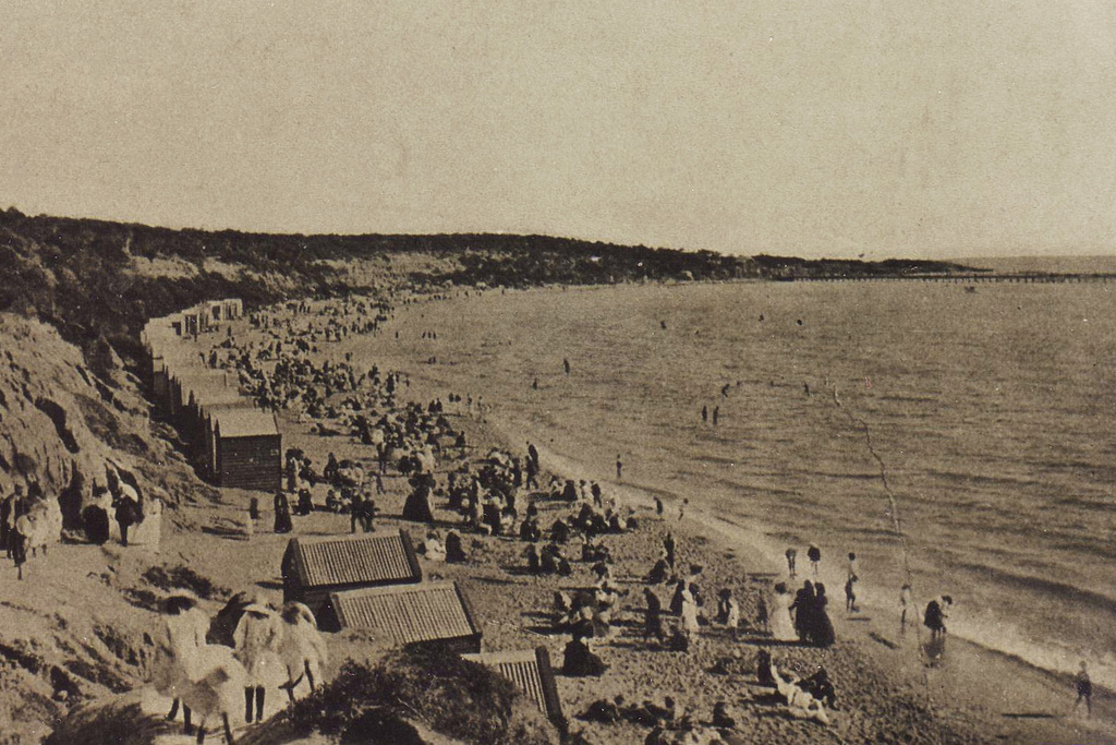 In this photo supplied by the Sandringham Historical Society, shows a 1910 photo of the beach boxes at Melbourne's Hampton beach. (Sandringham Historical Society via AP)