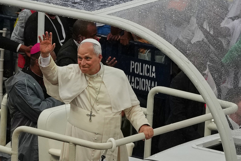 Pope Leo XIV arrives at Estadio de Bata Stadium in Bata, Equatorial Guinea, on the 10th day of an 11-day pastoral tour of Africa, Wednesday, April 22, 2026. (AP Photo/Misper Apawu)