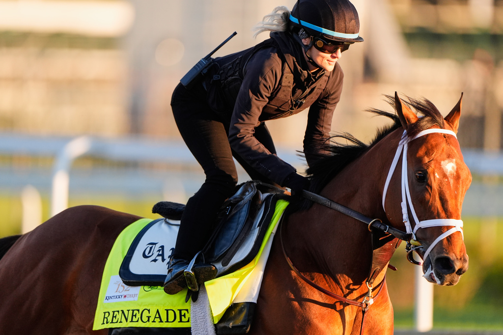 Kentucky Derby entrant Renegade works out at Churchill Downs Thursday, April 30, 2026, in Louisville, Ky. (AP Photo/Charlie Riedel)