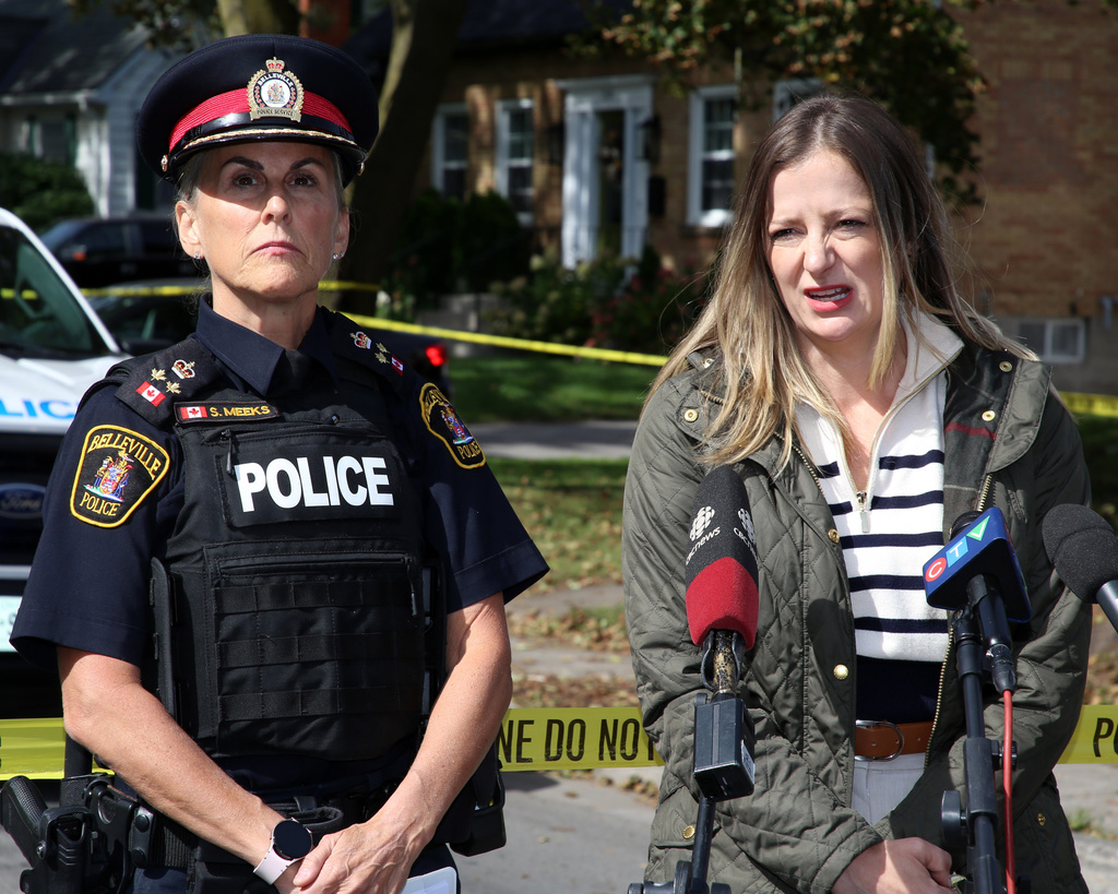 Sheri Meeks, left, Deputy chief of the Belleville Police Police and Kristy Dennette of the Ontario Special Investigations Unit speak to media in Belleville, Ontario on Monday Sept. 21, 2026. (Ian MacAlpine/The Canadian Press via AP)