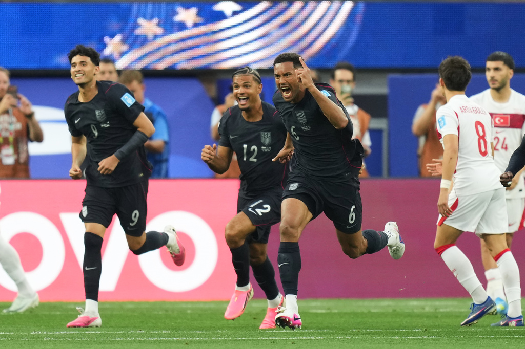 United States' Auston Trusty (6) celebrates scoring his side's first goal against Turkey during the World Cup Group D soccer match in Inglewood, Calif., near Los Angeles, Thursday, June 25, 2026. (AP Photo/Andre Penner)