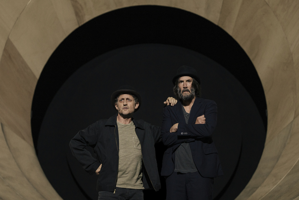 Alex Winter appears as Vladimir, left, and Keanu Reeves as Estragon, from Samuel Beckett's play "Waiting for Godot” in New York. (Andy Henderson via AP)