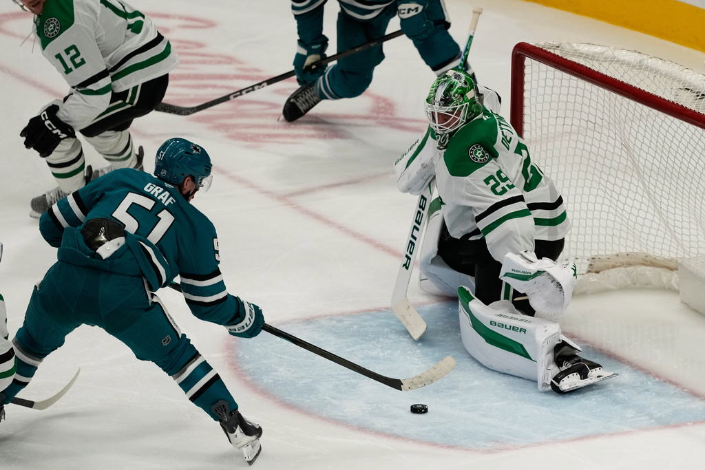 San Jose Sharks right wing Collin Graf (51) scores a goal against Dallas Stars goaltender Jake Oettinger (29) during the third period of an NHL hockey game in San Jose, Calif., Thursday, Dec. 18, 2025. (AP Photo/Jeff Chiu)