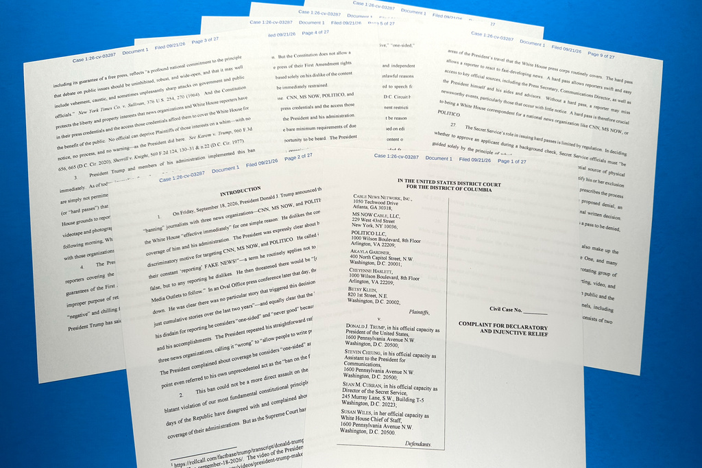 The lawsuit filed by CNN, MS NOW and Politico against the administration of U.S. President Donald Trump is photographed Monday, Sept. 21, 2026. (AP Photo/Jon Elswick)