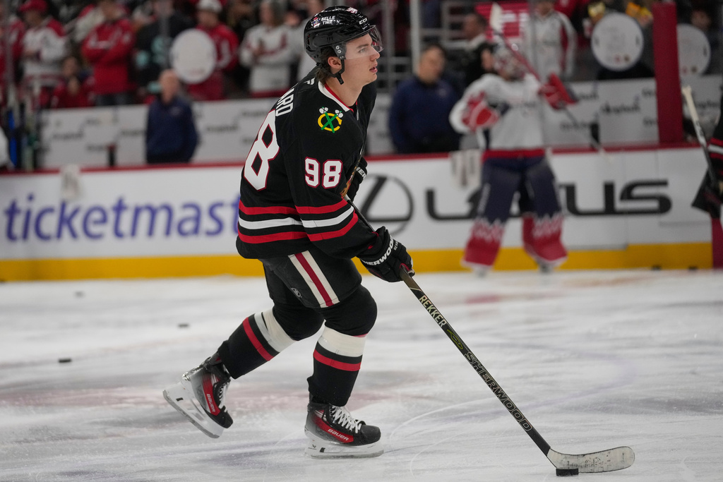 Chicago Blackhawks center Connor Bedard warms up before an NHL hockey game against the Washington Capitals, Friday, Jan. 9, 2026, in Chicago. (AP Photo/Erin Hooley)