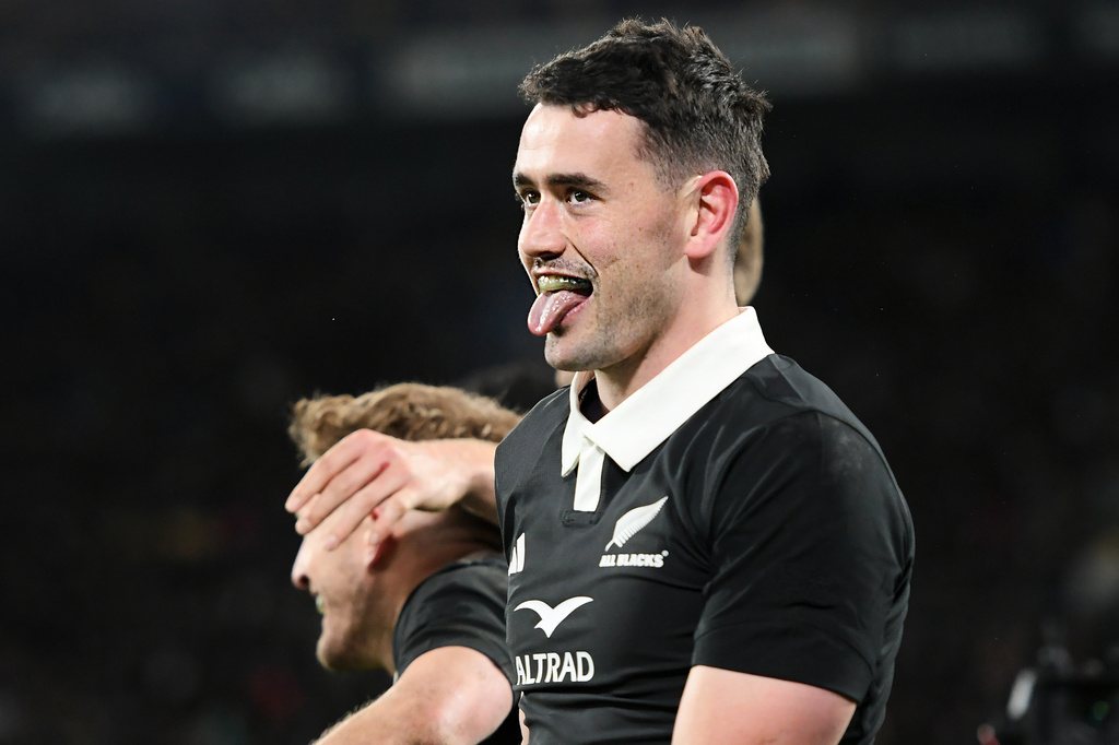 New Zealand's Will Jordan reacts after scoring his 50th test try during the Nations Championship rugby international between the All Blacks and Italy in Wellington, New Zealand, Saturday, July 11, 2026. (Kerry Marshall/Photosport via AP)