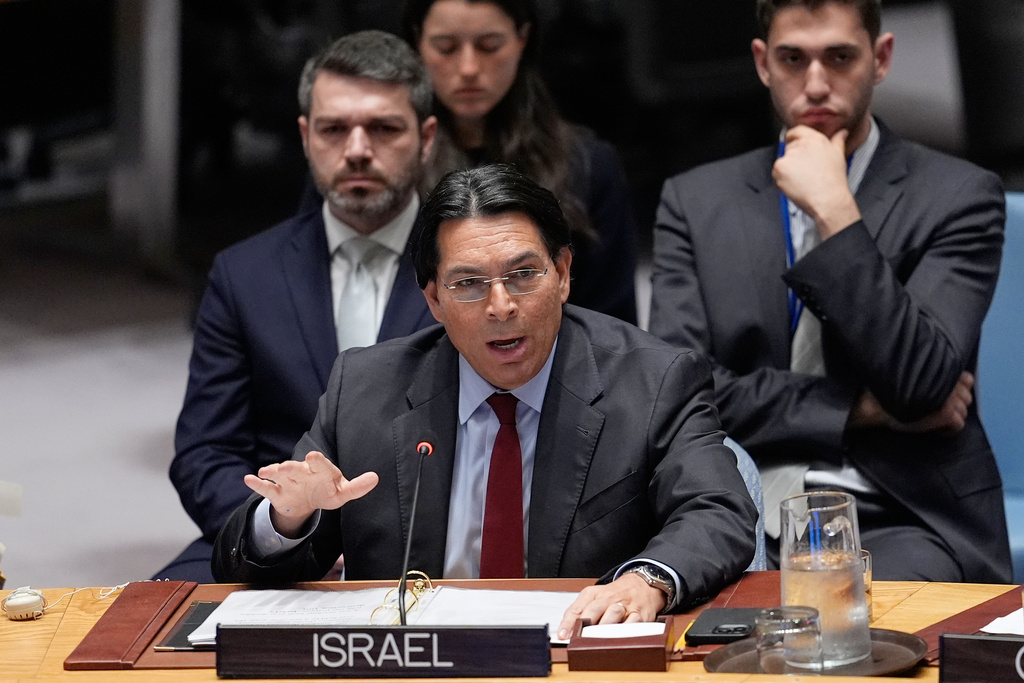 Israel Ambassador to the United Nations Danny Danon speaks during a meeting of the Security Council at U.N. headquarters, Wednesday, March 11, 2026. (AP Photo/Seth Wenig)