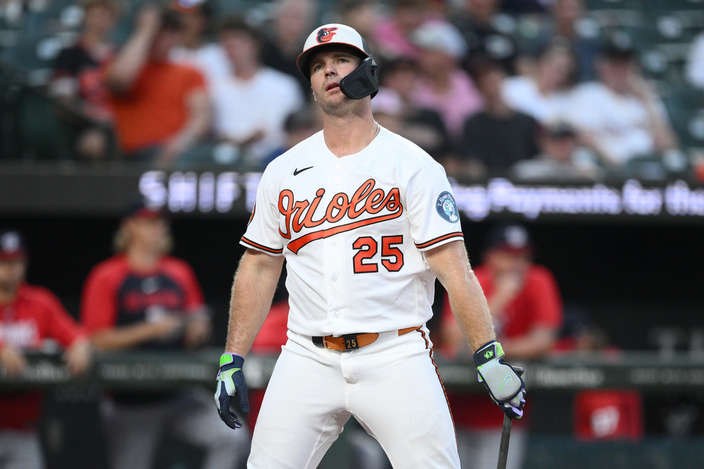 Baltimore Orioles' Pete Alonso reacts after he struck out during the third inning of a baseball game against the Washington Nationals, Saturday, June 27, 2026, in Baltimore. (AP Photo/Nick Wass)